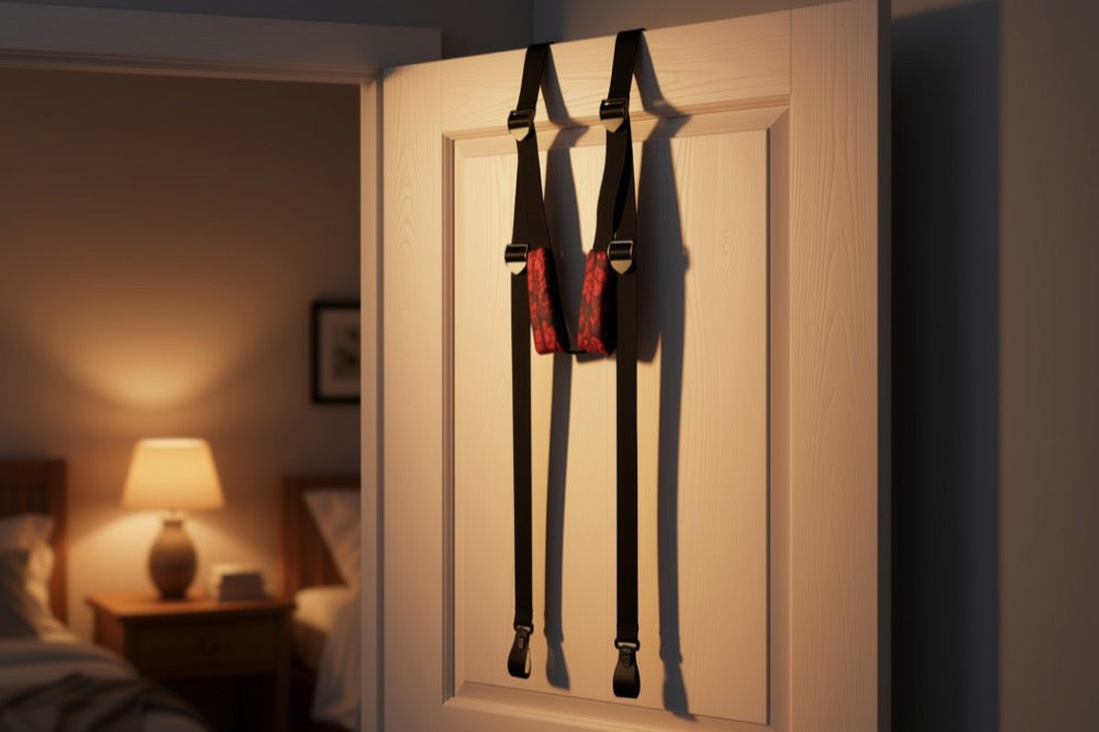 Balancelle de porte à sangles noires suspendue à une porte de chambre, lampe de chevet allumée en arrière-plan