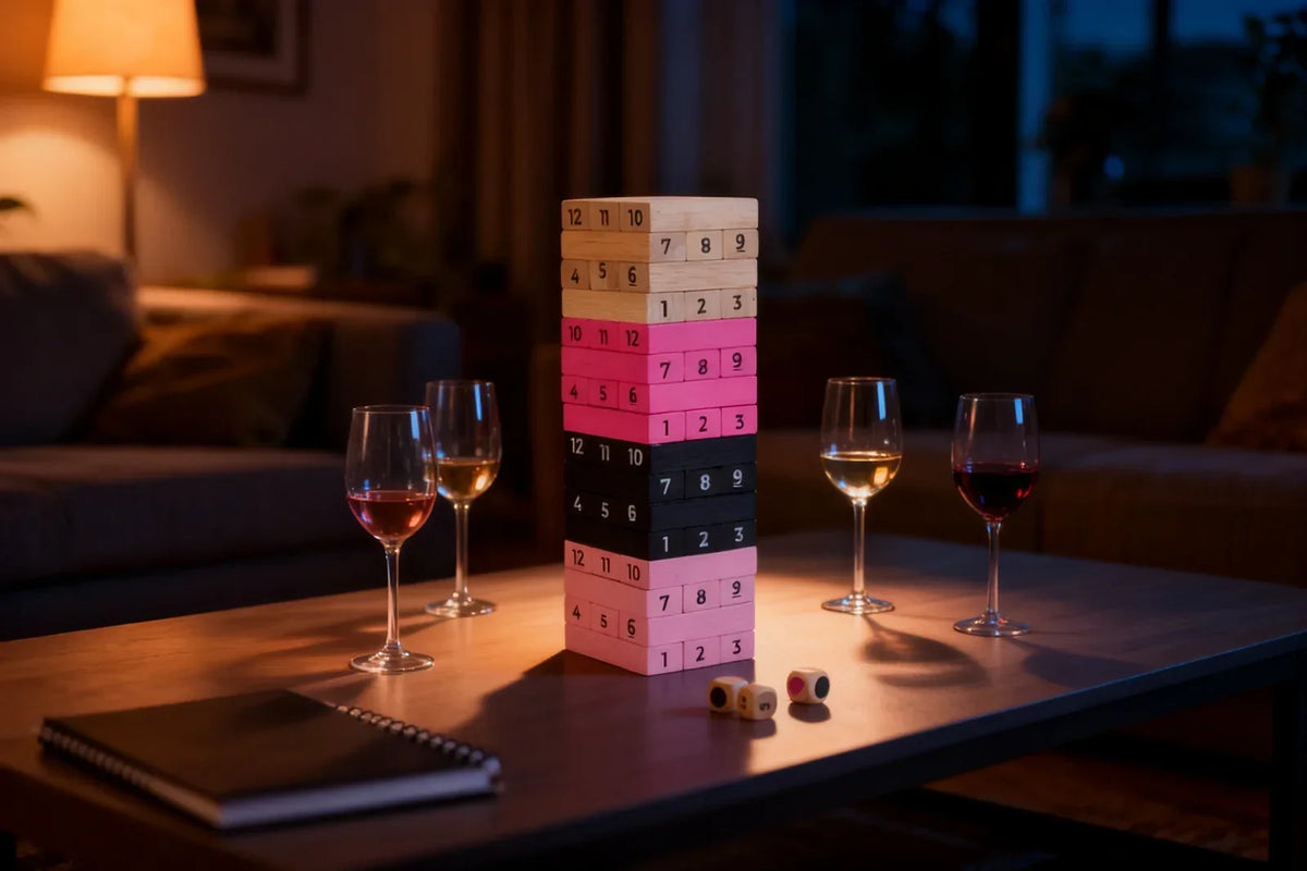 Table basse de salon le soir : une tour de jeu en bois aux blocs beiges, roses et noirs numérotés de 1 a 12, trois des a cote, quatre verres de vin dont deux a moitie pleins et un carnet a spirale ferme, sous la lumiere chaude d une lampe