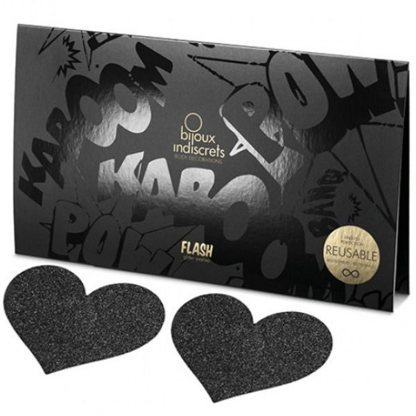 Caches Tétons Flash Cœur Noir Pailletés Réutilisables - Bijoux Indiscrets