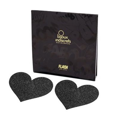 Caches Tétons Flash Cœur Noir Pailletés Réutilisables - Bijoux Indiscrets