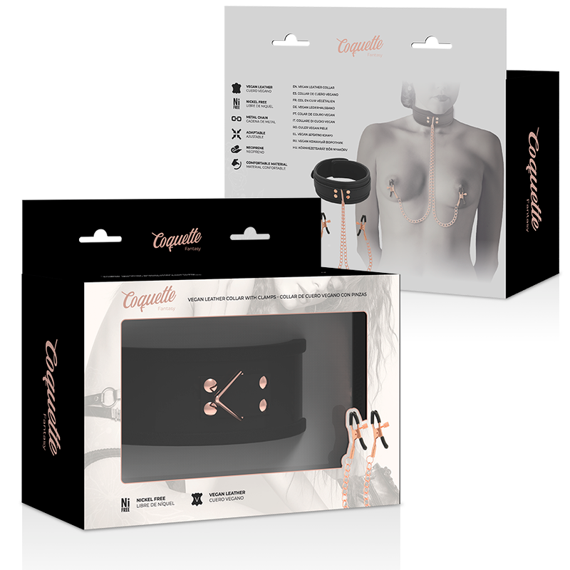 Collier BDSM Pinces à Tétons Cuir Vegan Doublure Néoprène - Coquette