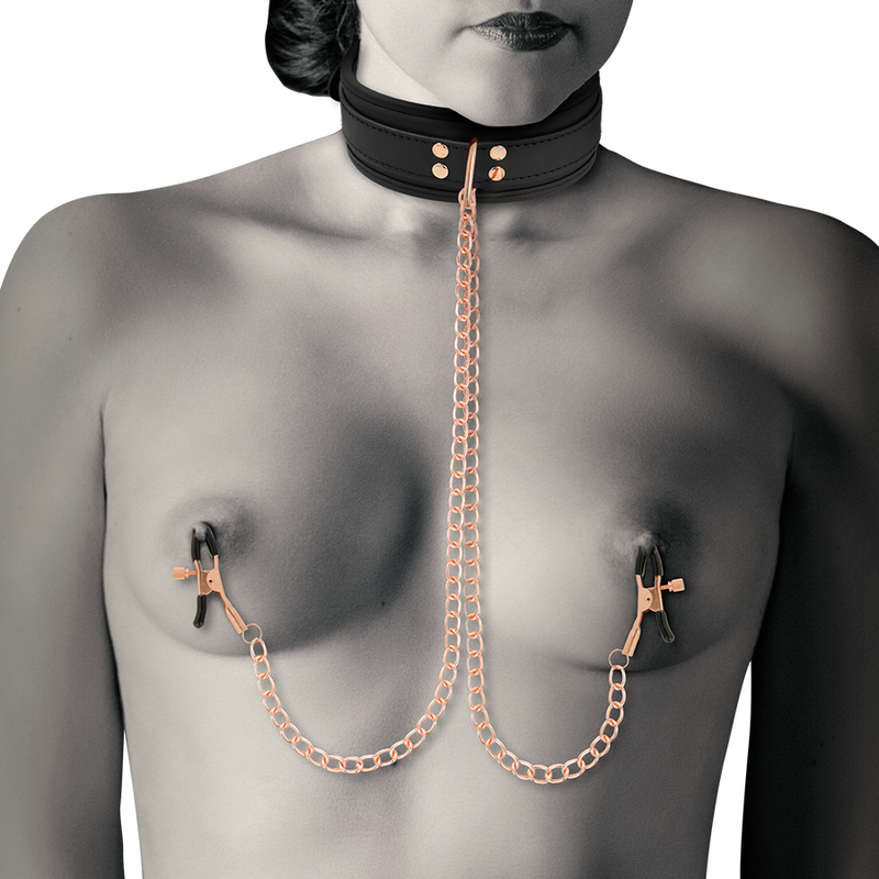 Collier BDSM Pinces à Tétons Cuir Vegan Doublure Néoprène - Coquette