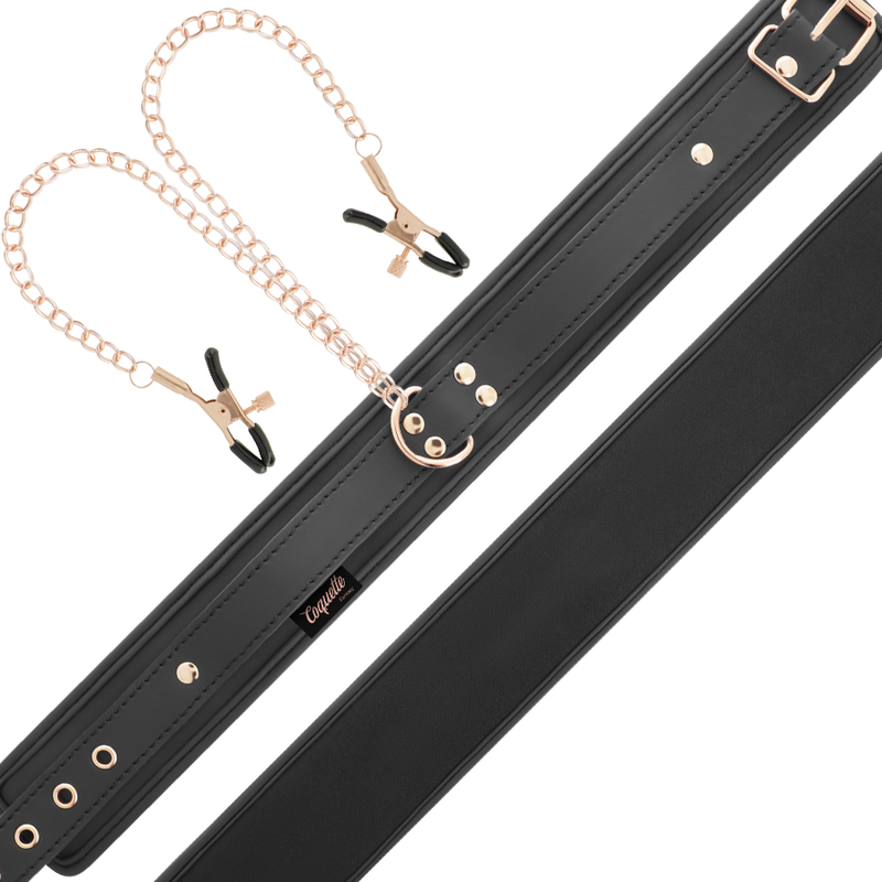 Collier BDSM Pinces à Tétons Cuir Vegan Doublure Néoprène - Coquette