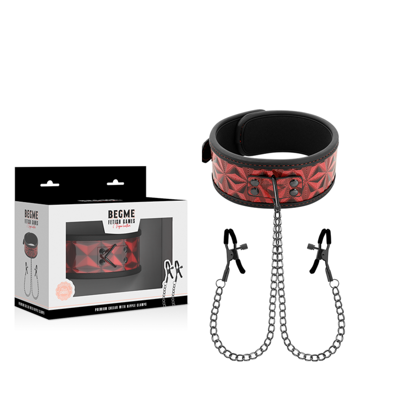 Collier BDSM Rouge avec Pinces à Tétons Doublure Néoprène Réglable - Begme