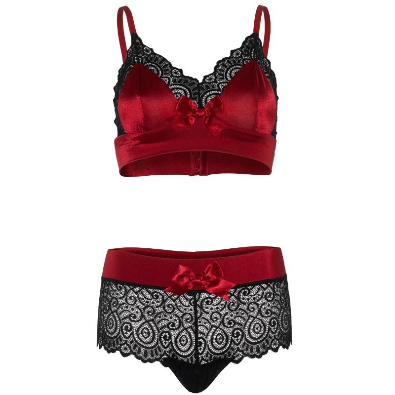 Ensemble Lingerie 2 Pièces Bralette Satin et Shorty Dentelle Noir et Rouge - Leg Avenue
