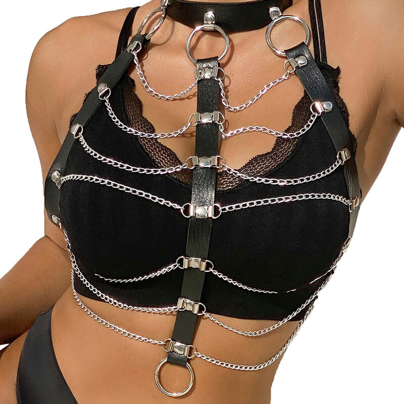 Harnais Poitrine BDSM Cuir Noir Détail Chaînes Taille Unique - Subblime