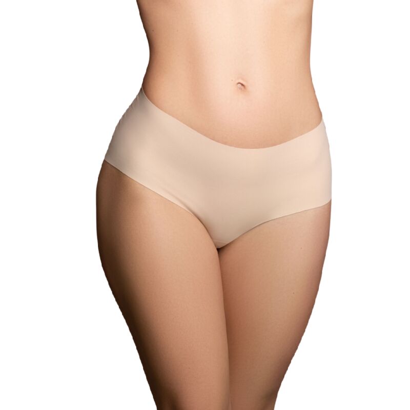 Culotte invisible taille haute Bye Bra beige portée de face, bords lisses sans couture