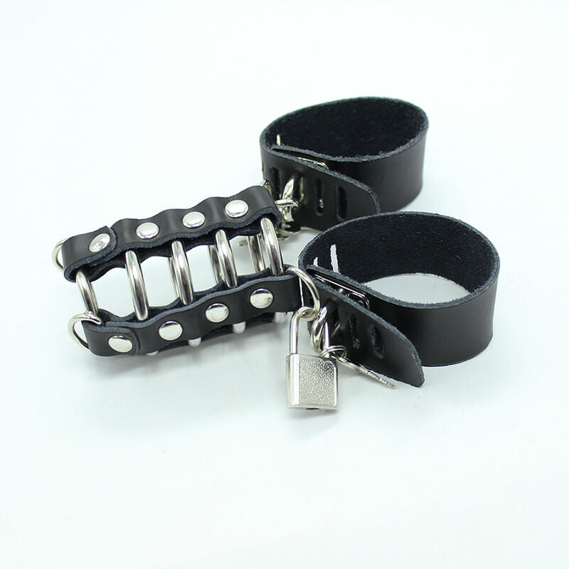 Penis cage with metal rings and leather strap