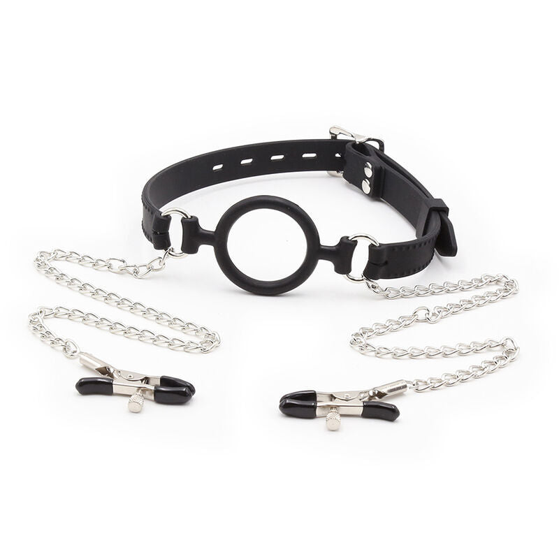 Ring gag with chains and telenol clamps