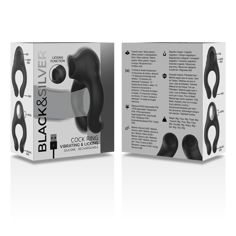 BLACK&amp;SILVER - RECHARGEABLE 3-MOTOR SILICONE VIBRATING RING, BLACK