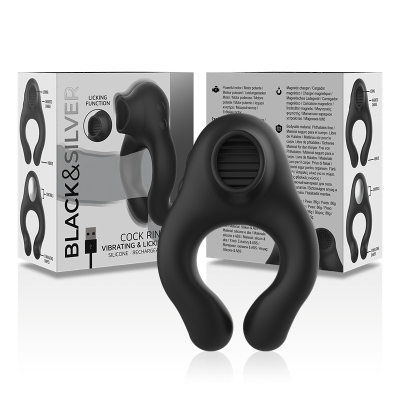 BLACK&amp;SILVER - RECHARGEABLE 3-MOTOR SILICONE VIBRATING RING, BLACK