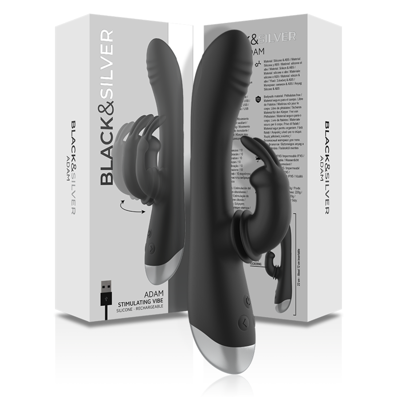 BLACK&amp;SILVER - DJ. ADAM BLACK RECHARGEABLE SILICONE RABBIT STIMULATOR