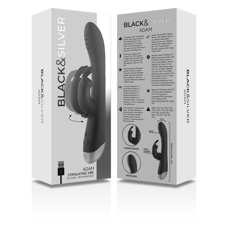 BLACK&amp;SILVER - DJ. ADAM BLACK RECHARGEABLE SILICONE RABBIT STIMULATOR