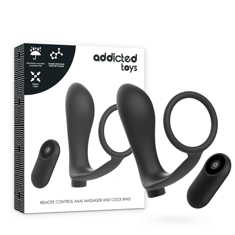 ADDICTED TOYS - PENIS RING WITH REMOTE CONTROL, BLACK RECHARGEABLE ANAL PLUG