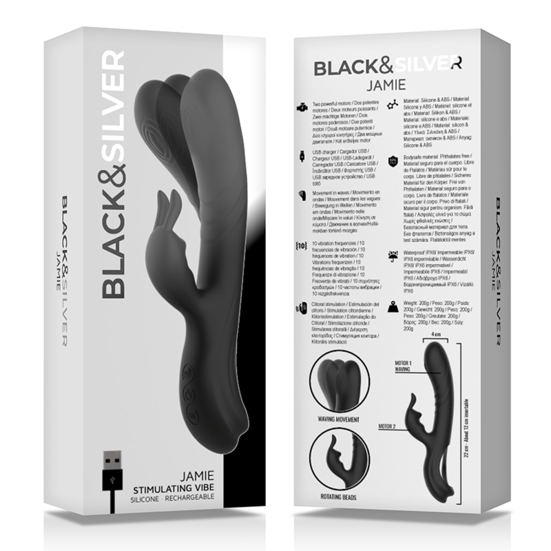 BLACK&amp;SILVER - RECHARGEABLE SILICONE RABBIT STIMULATOR JAMIE BLACK