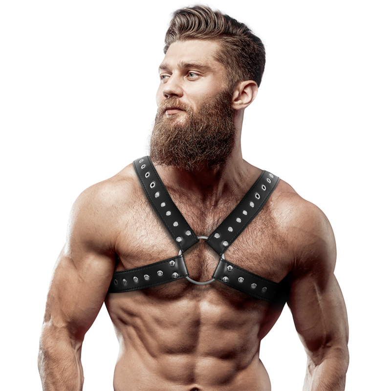 Men's eco-leather cross-body chest harness with studs