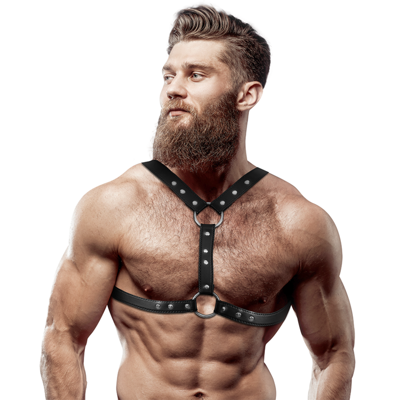Men's eco-leather chest harness with double support and studs
