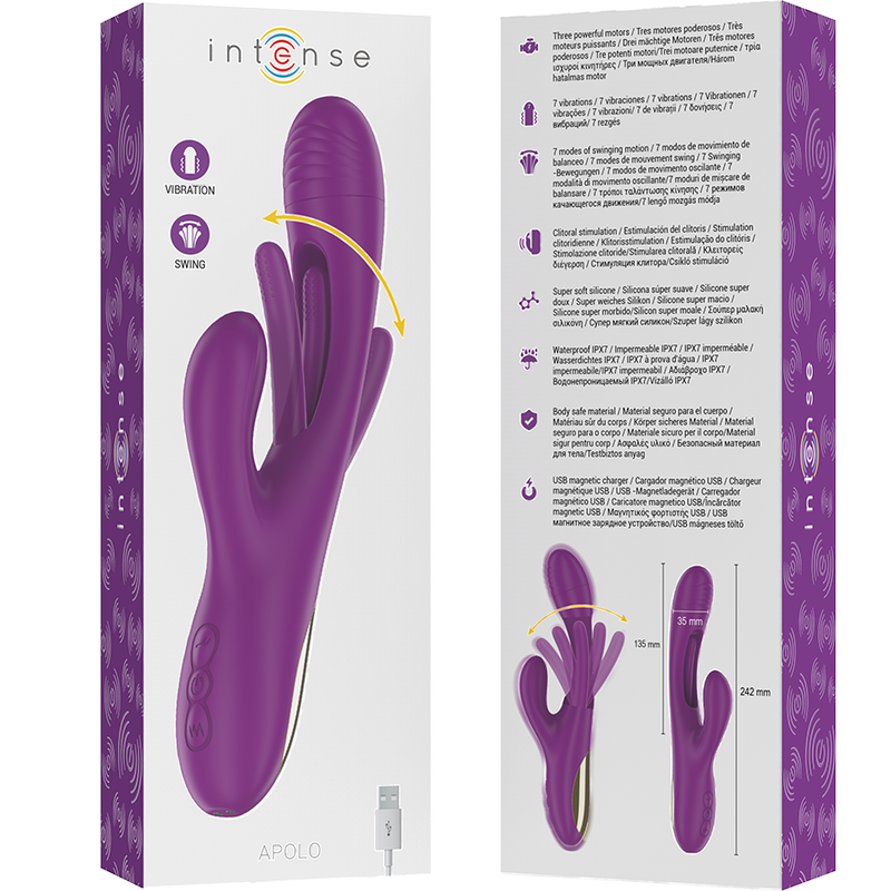INTENSE - APOLO RECHARGEABLE MULTIFUNCTION VIBRATOR 7 VIBRATIONS WITH PURPLE OSCILLATING TONGUE