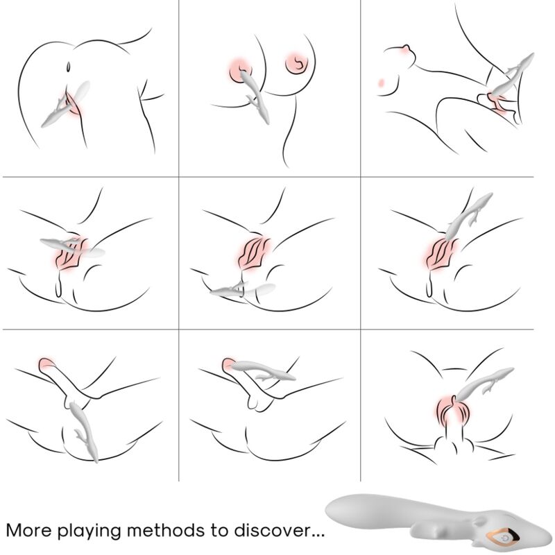 Illustrations des usages du vibromasseur rabbit Elk d'Armony sur le corps