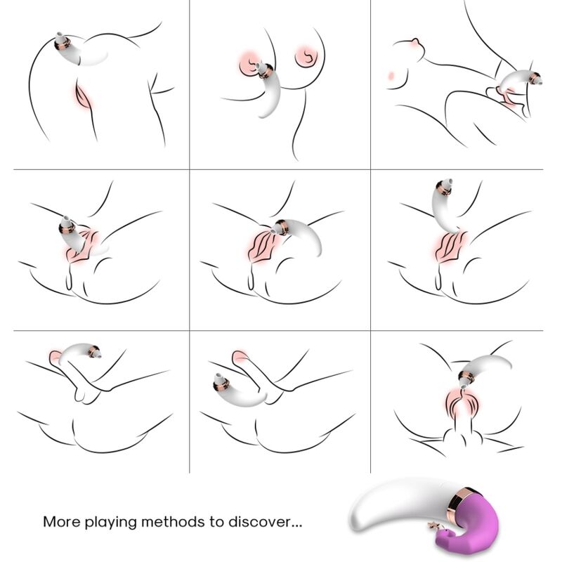 Illustrations des usages du stimulateur Sweetmoon mauve sur le clitoris et les seins