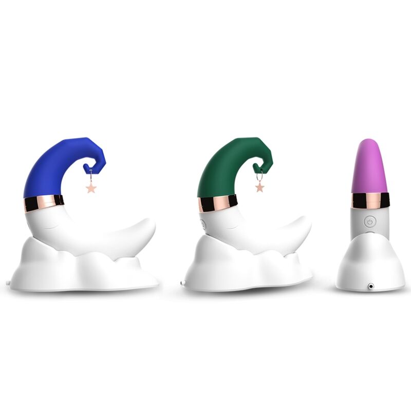 Trois stimulateurs Sweetmoon d'Armony alignés, bonnets bleu, vert et mauve sur socle