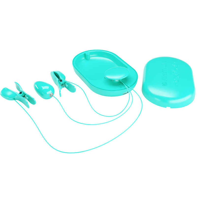 Surprise box with blue electrostimulation clamps