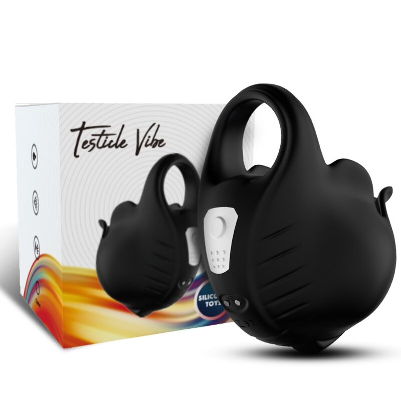 Cockring vibrant Testicle Vibe d'Armony en noir devant sa boîte illustrée