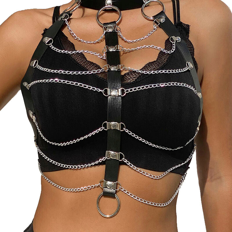 Black leather chain chest harness one size