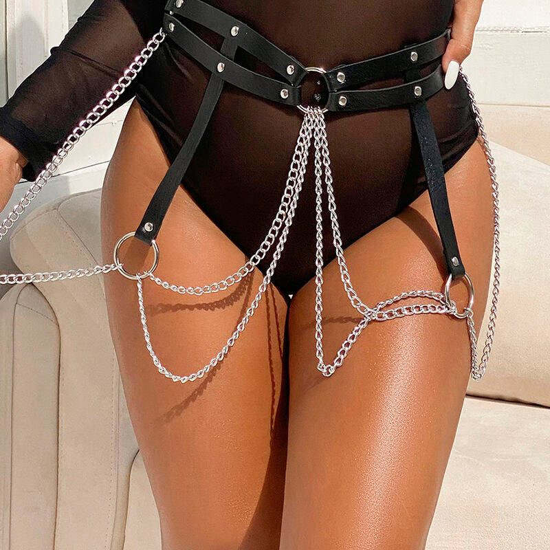 Leather ring chain belt black one size