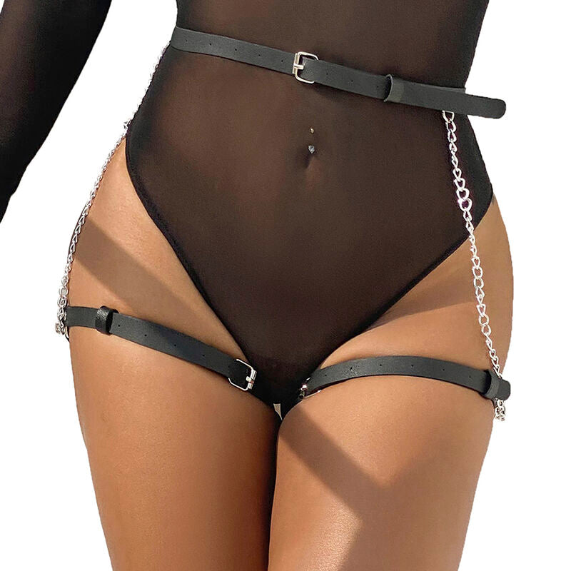 Black leather belt harness, one size