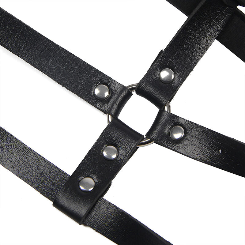 Black leather ring chest harness, one size