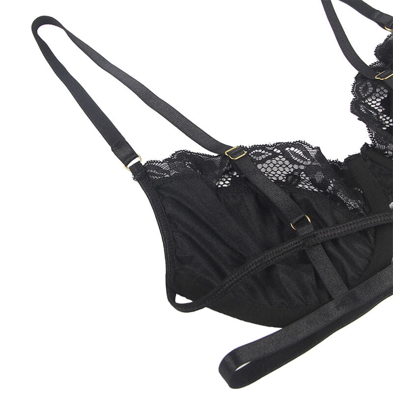 Set of 3 pieces subjectador + tanga + liga encaje negro s/m