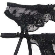 Set of 3 pieces subjectador + tanga + liga stamped floral negro s/m
