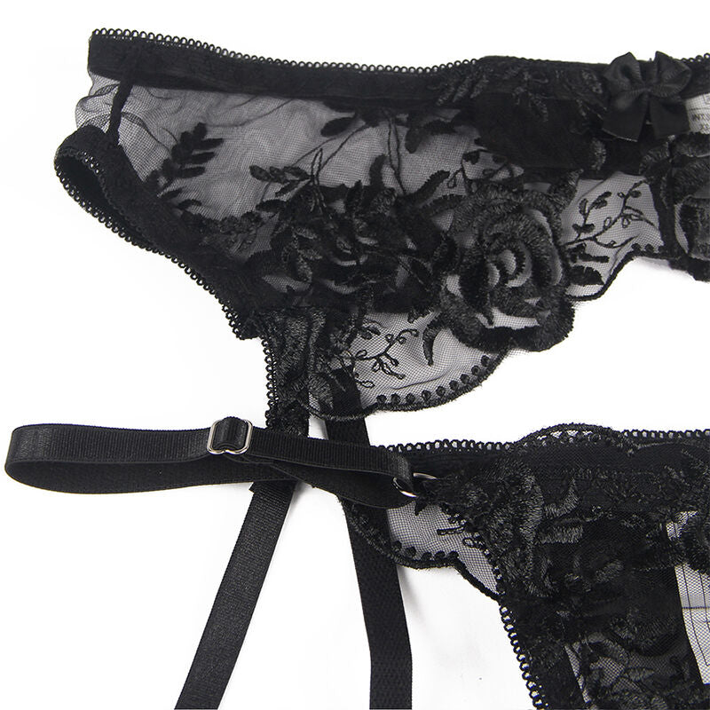 Set of 3 pieces subjectador + tanga + liga stamped floral negro s/m