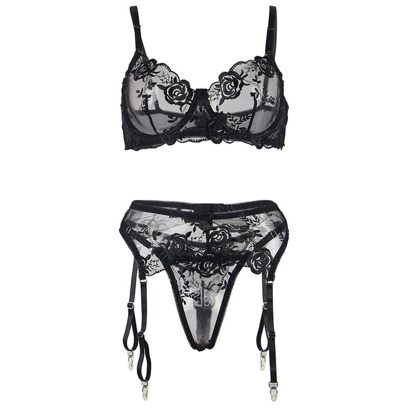 Set of 3 pieces subjectador + tanga + liga stamped floral negro s/m
