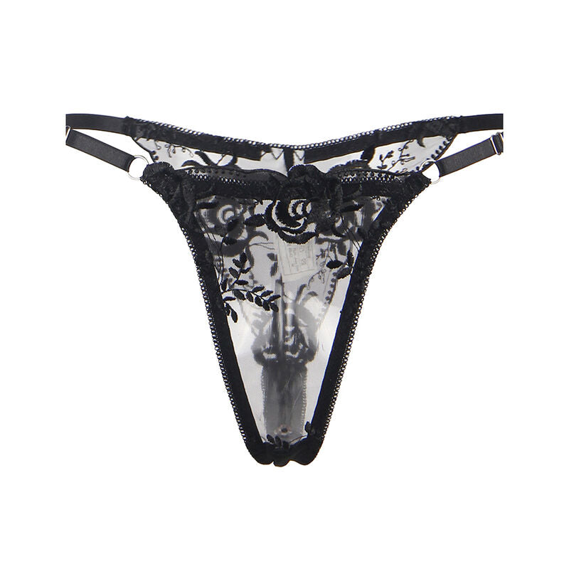 Set of 3 pieces subjectador + tanga + liga stamped floral negro s/m