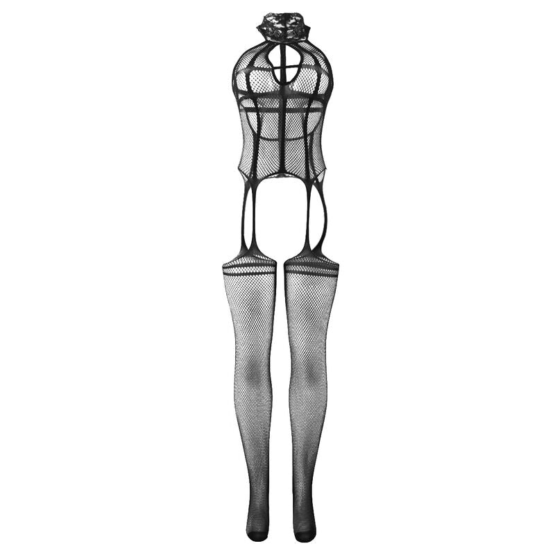 951986 open fishnet bodystocking with neck prints black one size