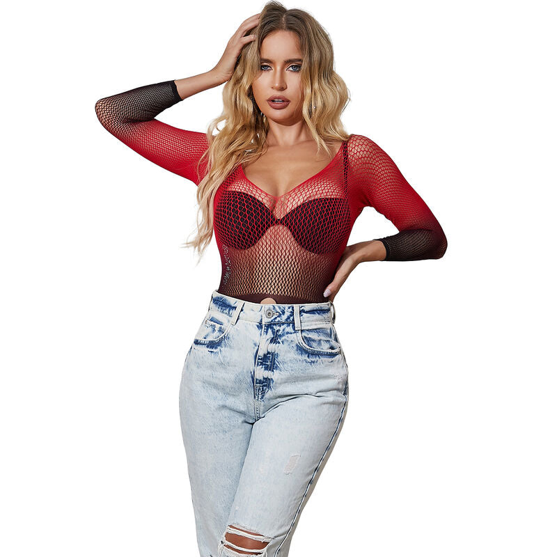 SUBBLIME - 952259 Elastic Mesh Dress, Long Sleeves, Red and Black Ombre, One Size