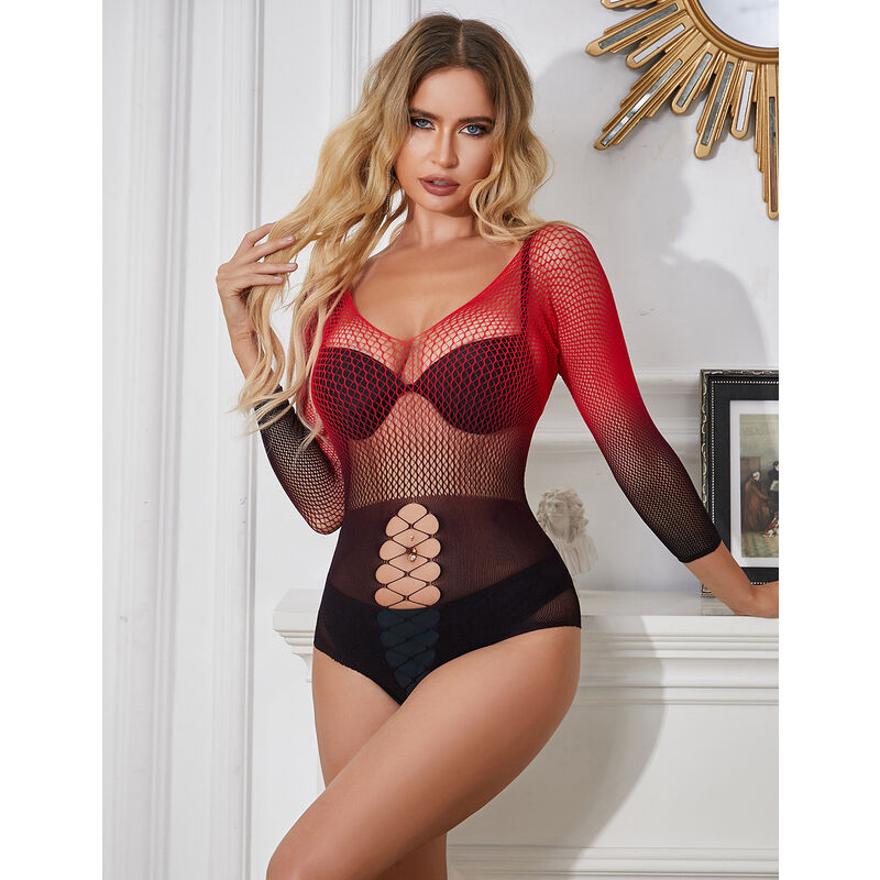 SUBBLIME - 952259 Elastic Mesh Dress, Long Sleeves, Red and Black Ombre, One Size