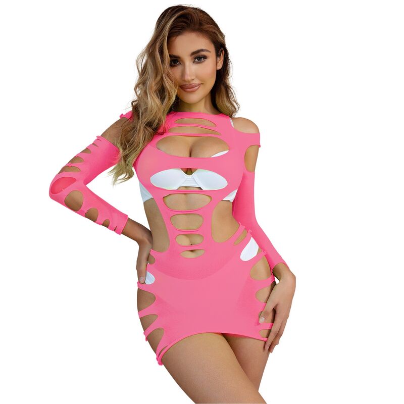 SUBBLIME - 952273 ELASTIC MESH DRESS WITH LONG SLEEVES, PINK, ONE SIZE
