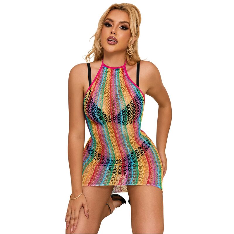 952341 rainbow fishnet dress one size