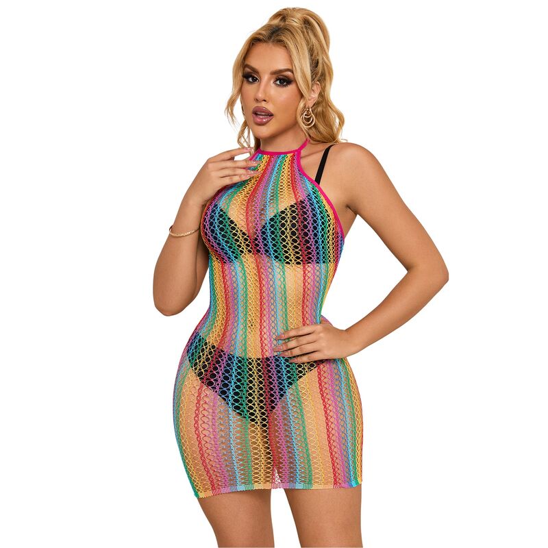 952341 rainbow fishnet dress one size
