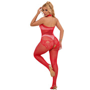952372 fishnet and lace bodystocking without fur high neck red one size