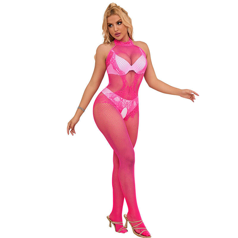 SUBBLIME - 952389 Fishnet and Lace Bodystocking, Fur-Free, with High Neck, Pink, One Size