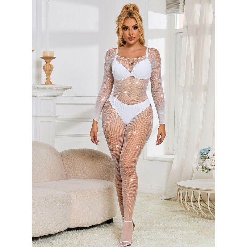 952396 fishnet bodystocking with diamonds long sleeves white one size