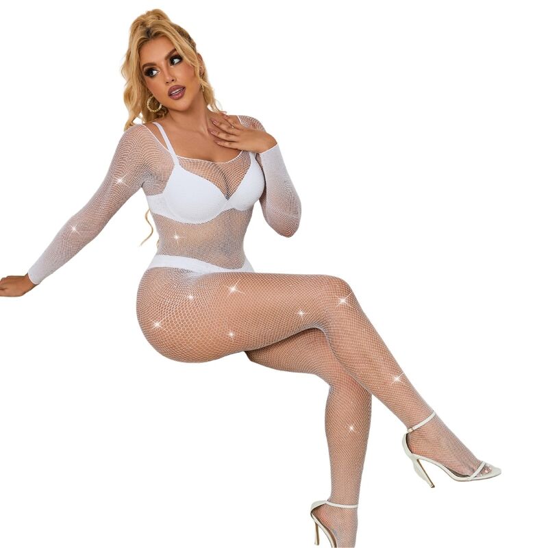 952396 fishnet bodystocking with diamonds long sleeves white one size