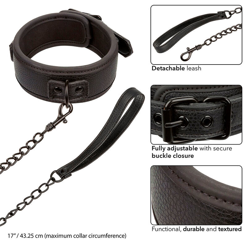 Nocturnal black adjustable leather collar and leash