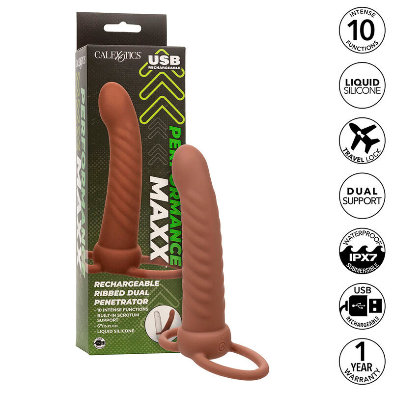 Maxx Ribbed Double Penetrator 10 Vibrations Brown