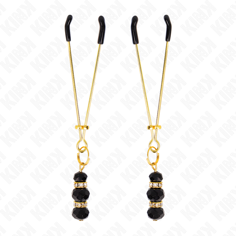 KINK - THIN GOLD NIPPLE CLAMPS WITH 3 BLACK GLASS BEADS 7 CM