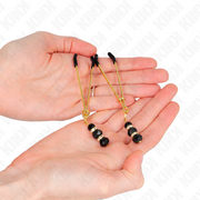 Fine gold nipple clamps with 3 black glass beads 7 cm